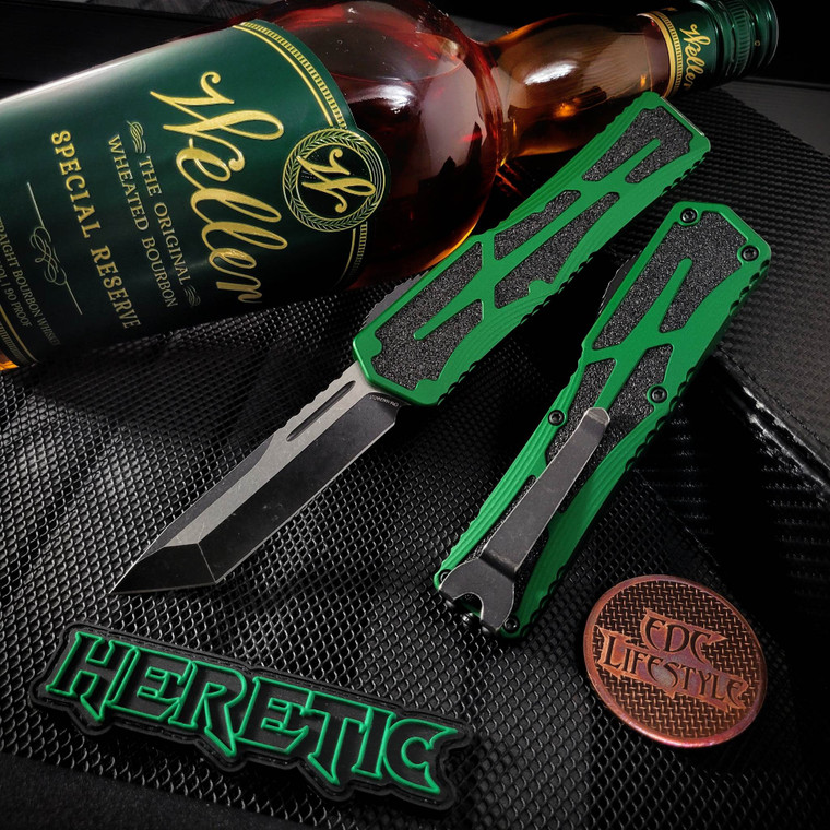 Heretic Knives Tanto Edge Colossus Two Tone Battleworn Black, Green Handle, BW Clip & HW H040-14A-GRN