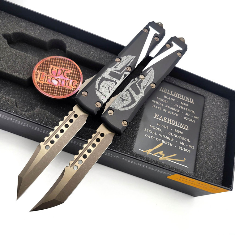 Microtech Ultratech 119-13SETMLS Molon Labe Hellhound Tanto/Warhound Bronzed Apocalyptic Signature Series