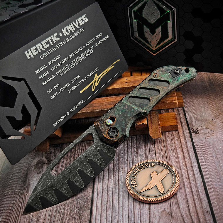 Heretic Custom Knives Koschei Vegas Forge Reptilian San Mai Damascus Chemtina Copper Handle DLC HW Abalone Button