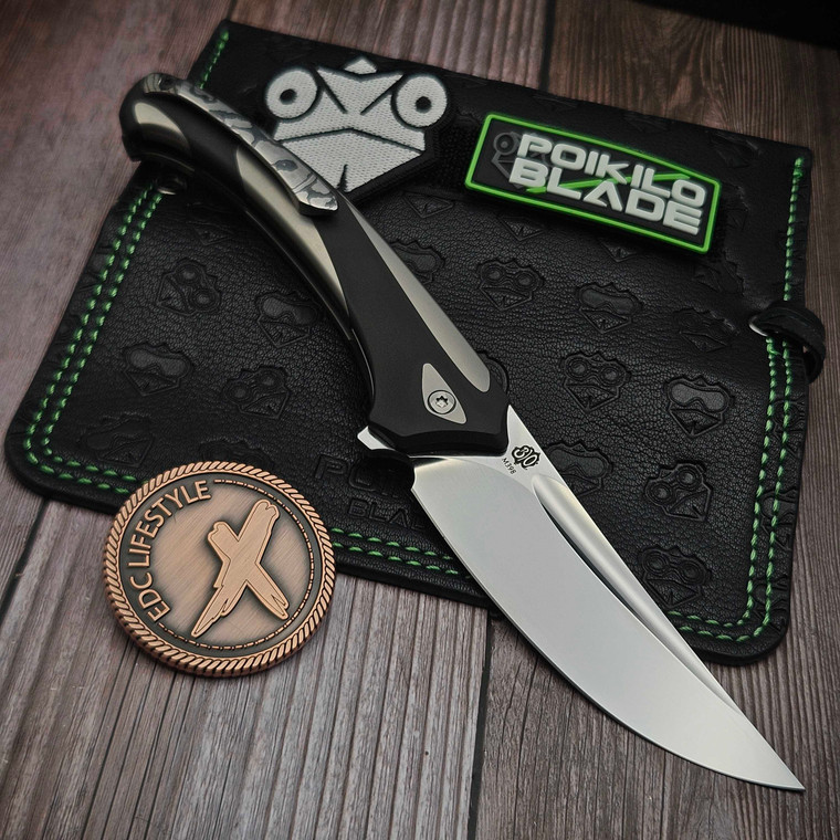 Poikilo Blade Orca-M Midtech Special Edition Killer Whale Inset Locking Titanium Folding Knife Polished Zircu-Ti Clip and Backspacer 3.52" Stonewash M398