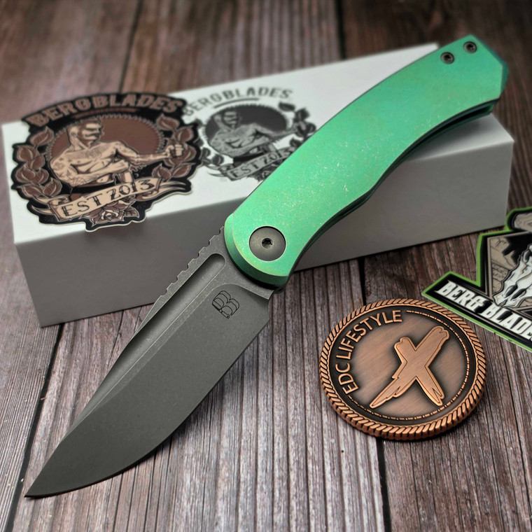 BergBlades Mini Alpha Frame Lock Green Stonewash Ti 3.1" S90V Dark Stonewash by EDC Lifestyle
