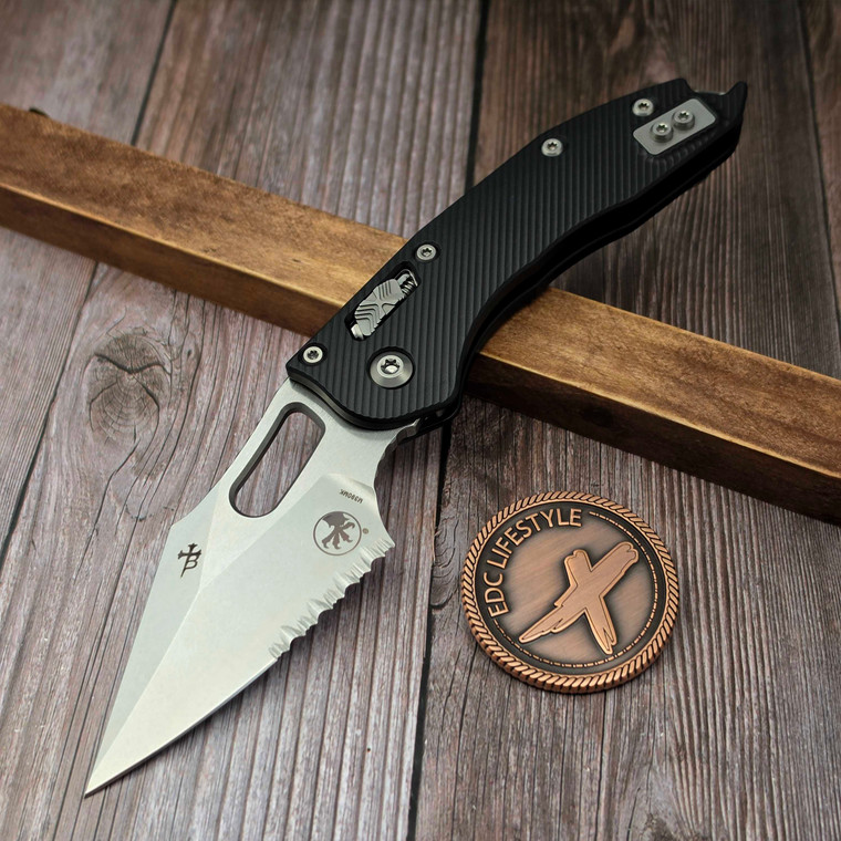 Microtech Stitch Ram-Lok Black Fluted Aluminum S/E Stonewash Partial Serrated 169RL-11FL - Preowned