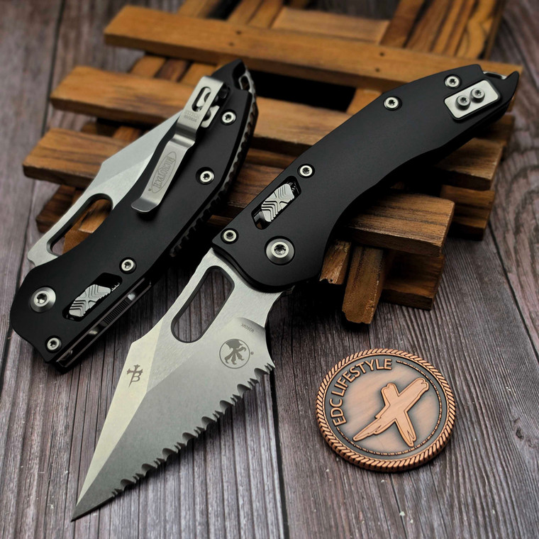 Microtech Stitch Ram-Lok Black Aluminum 3.7" S/E Stonewash Full Serrated 169RL-12 by EDC Lifestyle