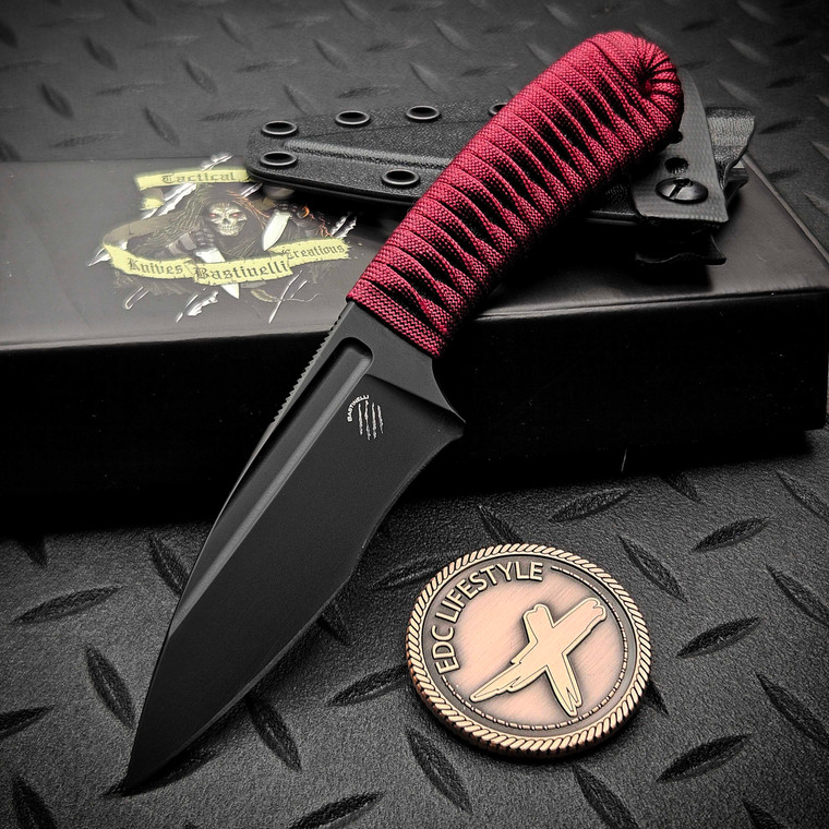 Bastinelli Knives Sin Fixed Blade Black PVD Red Twist Wrap