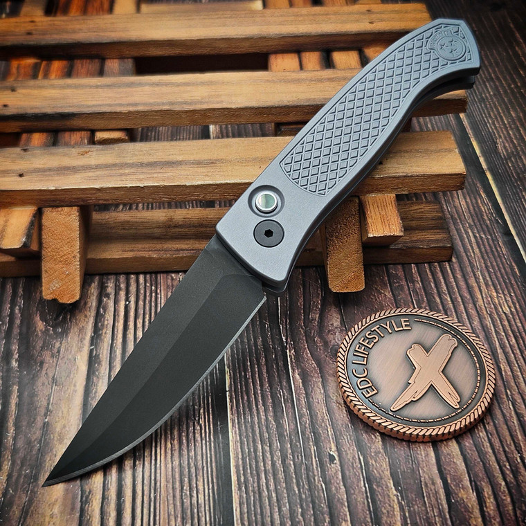 Pro-Tech Knives Brend Classic Auto Grey Diamond Texture W/ Black Lip Pearl Button 3.35" DLC Magnacut