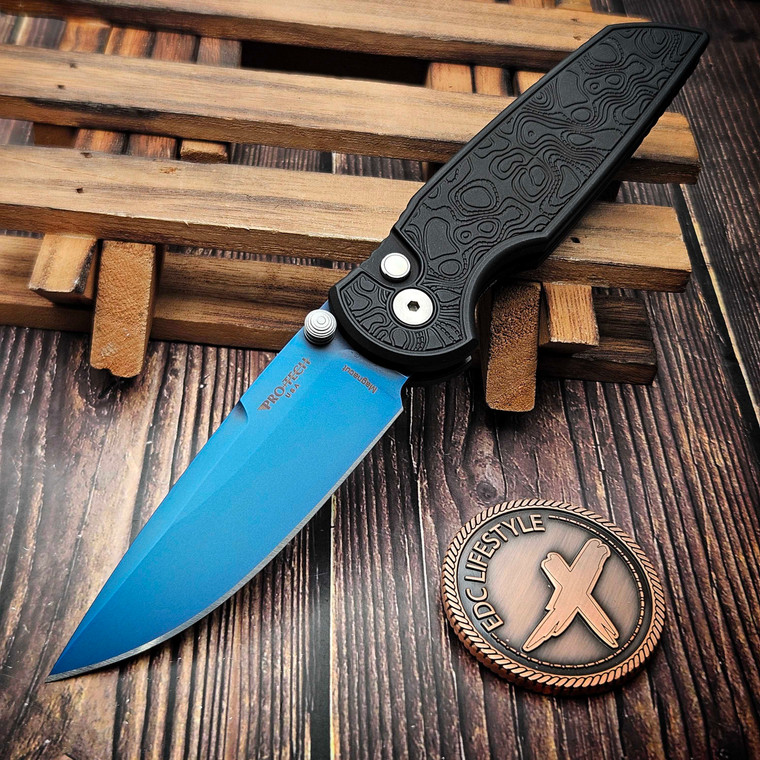 Pro-Tech Knives TR-3 Integrity Topographic Textured Black W/ Black Lip Pearl Button 3.35" Denim PVD Magnacut