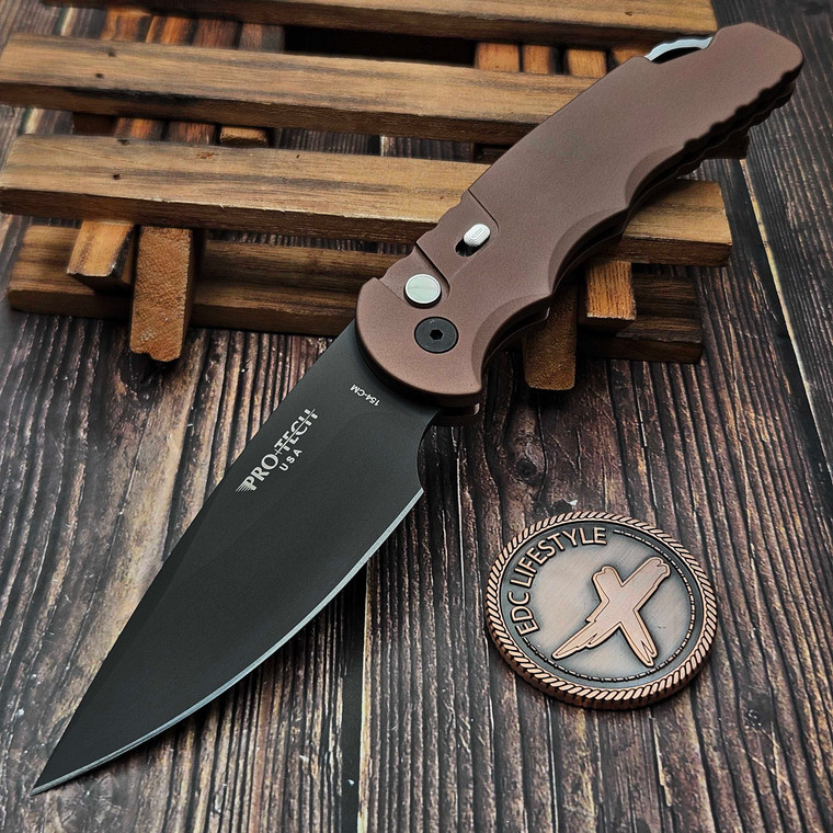 Pro-Tech Knives TR-4 Auto Brown W/ Secondary Saftey 4" Saber Grind DLC 154CM