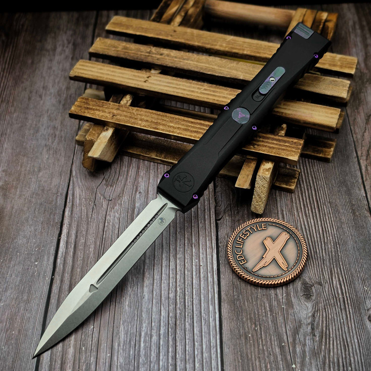Microtech Marfione Select Nemesis IV 1152-10MS4 4.4" D/E Stonewash Nebula Green Titanium Accents Purple Titanium