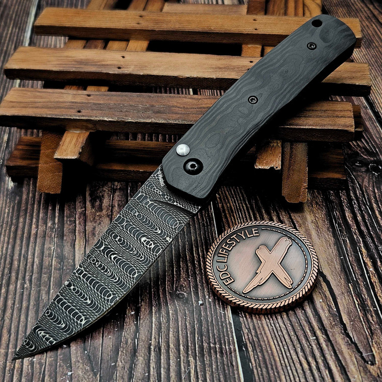 Darrin Thomas Raku Button Lock Flipper CamoCarbon Black Pearl Devin Thomas HC Spirograph Damascus