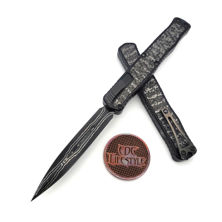 Heretic Custom Knives Cleric II Hand Ground Baker Forge Double Edge Black Ano w/Fat Carbon Silver Snakeskin DLC HW
