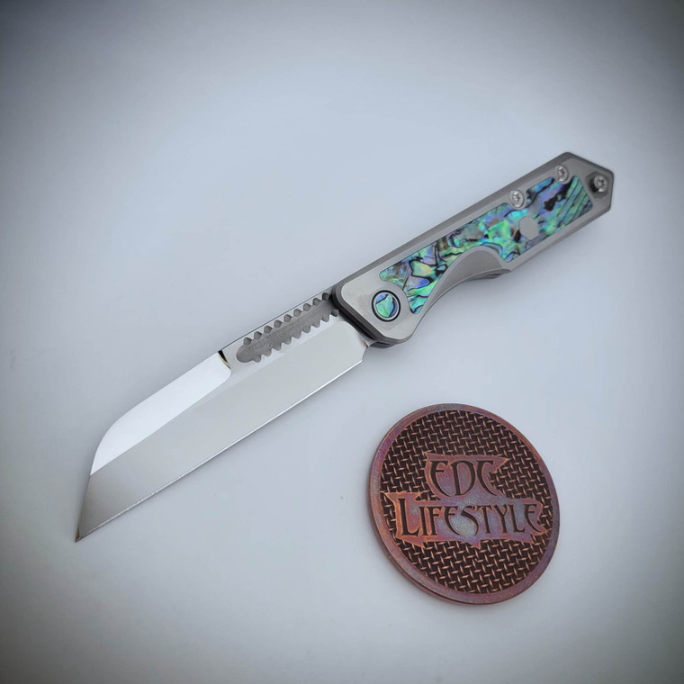 Heretic Knives Custom Jinn Hang Ground Mirror Polish Elmax Ti w/Abalone Inlay