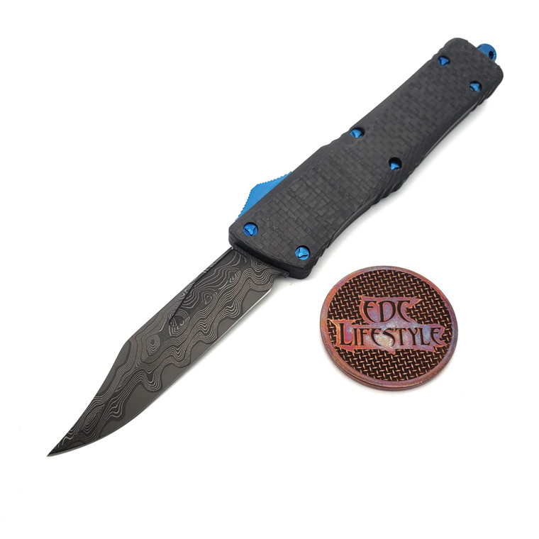 Marfione Custom Combat Troodon Bowie Chad Nichols M390 Core Damascus w/Carbon Fiber Top & Blued Ti HW Serial 010 - Preowned