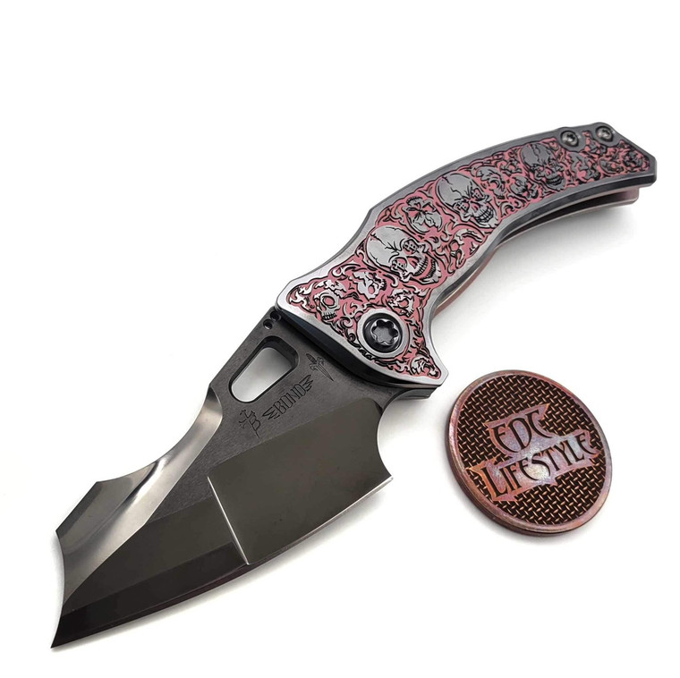 Marfione Custom/Borka Blades/Ti2 Design Shylock M390 Niuhi Grind DLC Diamondwash Tritium Pink Skulls Black Hula