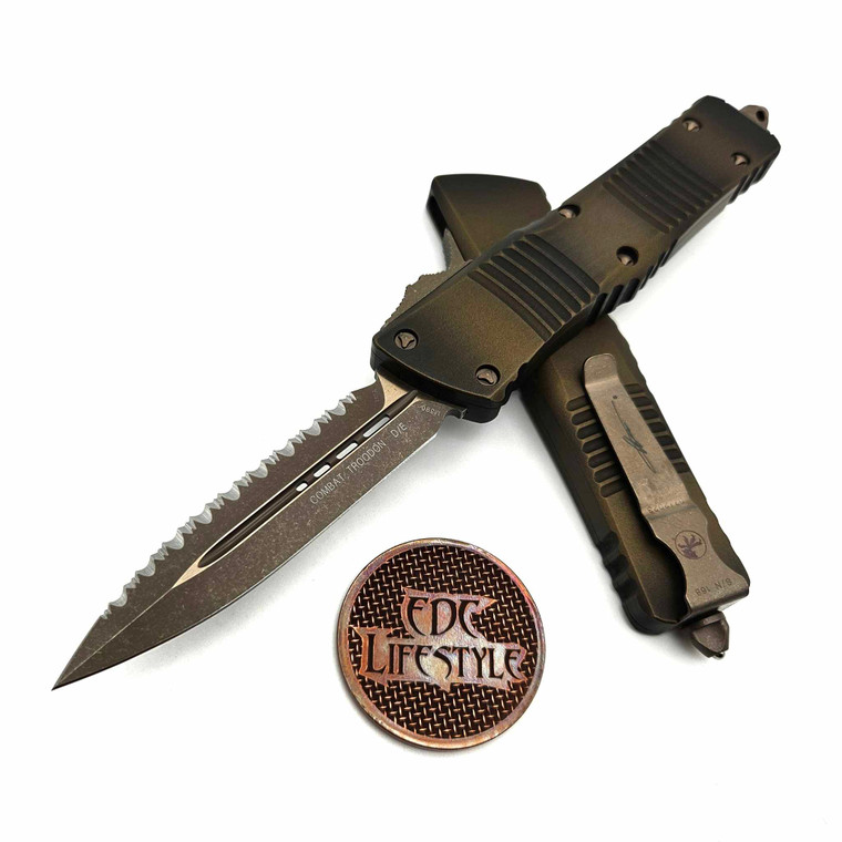 Microtech 142-15APABS Combat Troodon Antique Bronze Handle Double Edge Full Serrated Bronze Apocalyptic Blade & Hardware