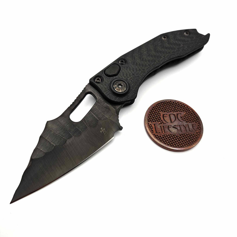 Borka Blades/Marfione Custom Knives Auto Stitch Carbon Fiber Handle DLC Borka Pattern Rock Grind Blade Serial #010 - Preowned