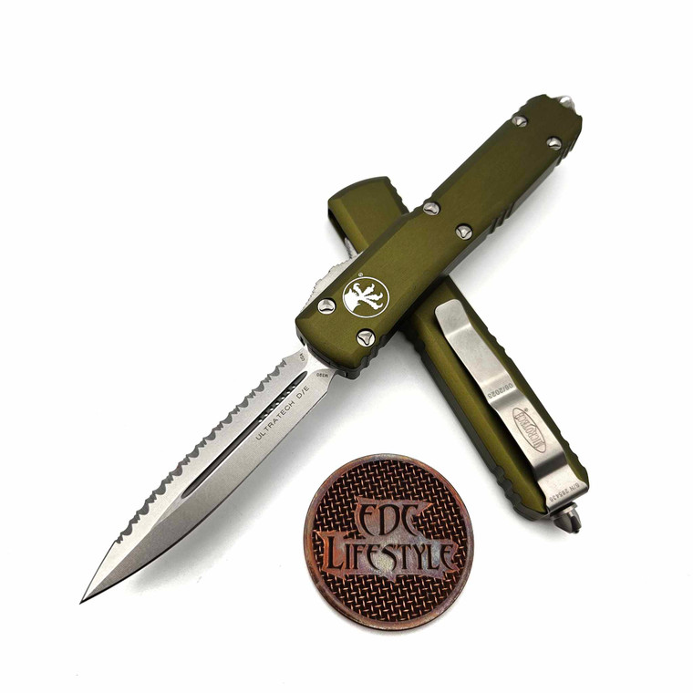 Microtech Ultratech 122-12OD OD Green Stonewash Double Edge Full Serrated