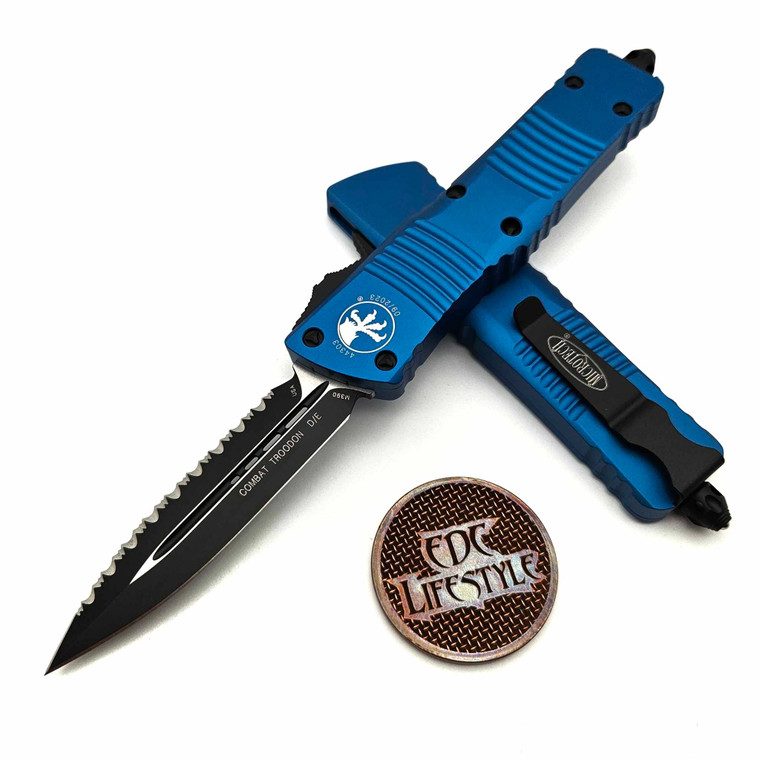 Microtech 142-3BL Combat Troodon Blue Double Edge Full Serrated Black Standard
