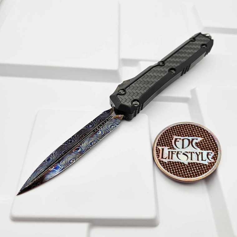 Marfione Custom Makora Double Edge Hot Blued Vines and Rose Pattern Vegas Forge Damascus w/Carbon Fiber Inlay & DLC Ringed HW Serial #001