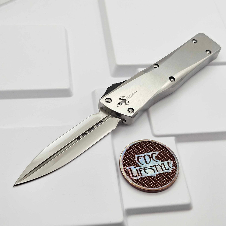 Marfione Custom Combat Troodon Double Edge Mirror Polish Hand Rubbed Satin Finish Stainless Steel w/Carbon Fiber Button & Satin Finish HW - Preowned