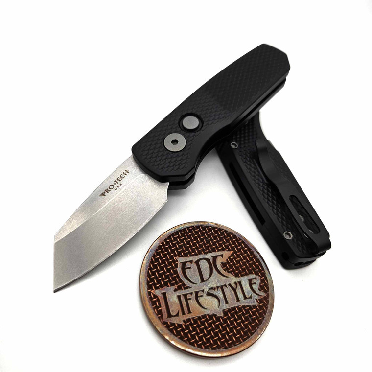 Pro-Tech Knives Runt 5 Auto Knife Black Texture Handle 1.95" Stonewash Blade Magnacut Reverse Tanto R5405