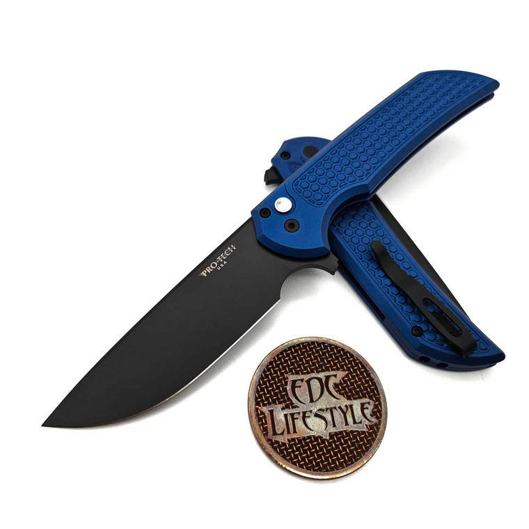 Pro-Tech Knives Mordax CCKS Fall 2023 Blue Honeycomb Textured Handle DLC Black Coated S45VN 3.5" Blade Black Pearl Button