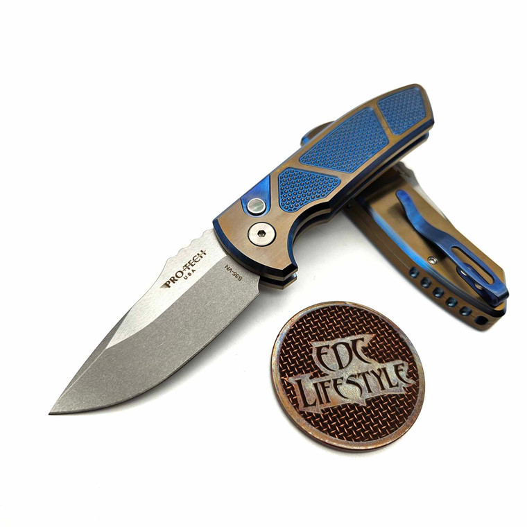 Pro-Tech Knives 2023 SBR Custom 006 Two-tone Blue/Bronze Titanium Handles, Pearl Button, Stonewash S35VN 2.6" Blade, Blue Titanium Clip