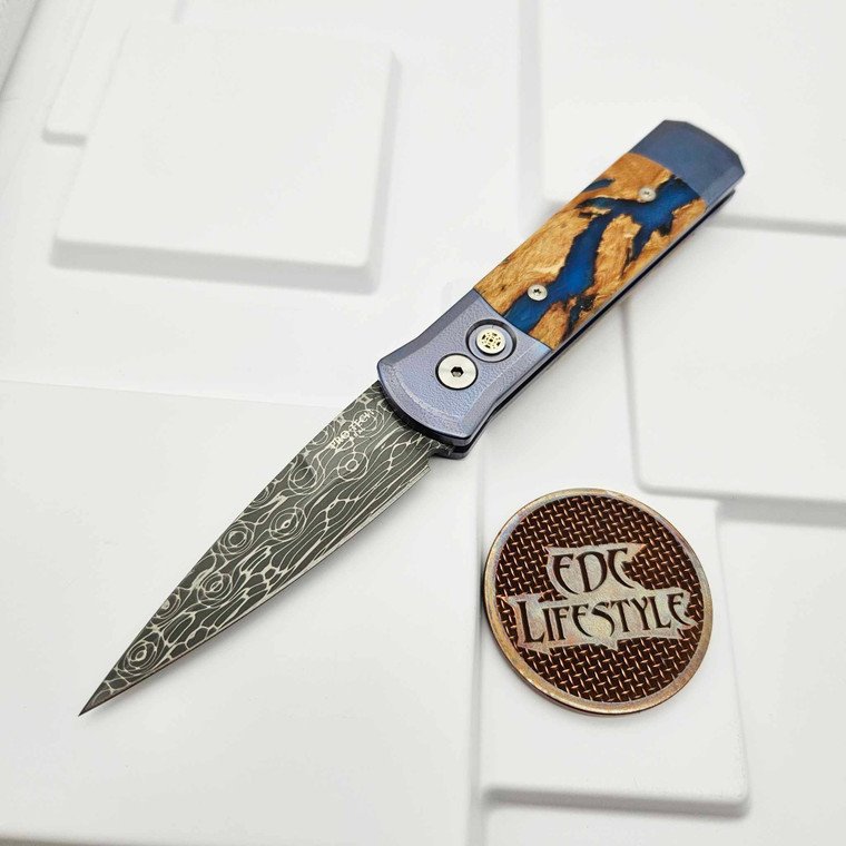 Pro-Tech Knives 2023 GS Custom 005 Blue Anodized Titanium Handles w/River Table Wood Inlays Mosaic Button Titanium Clip Vegas Forge Damascus 3.15" Blade