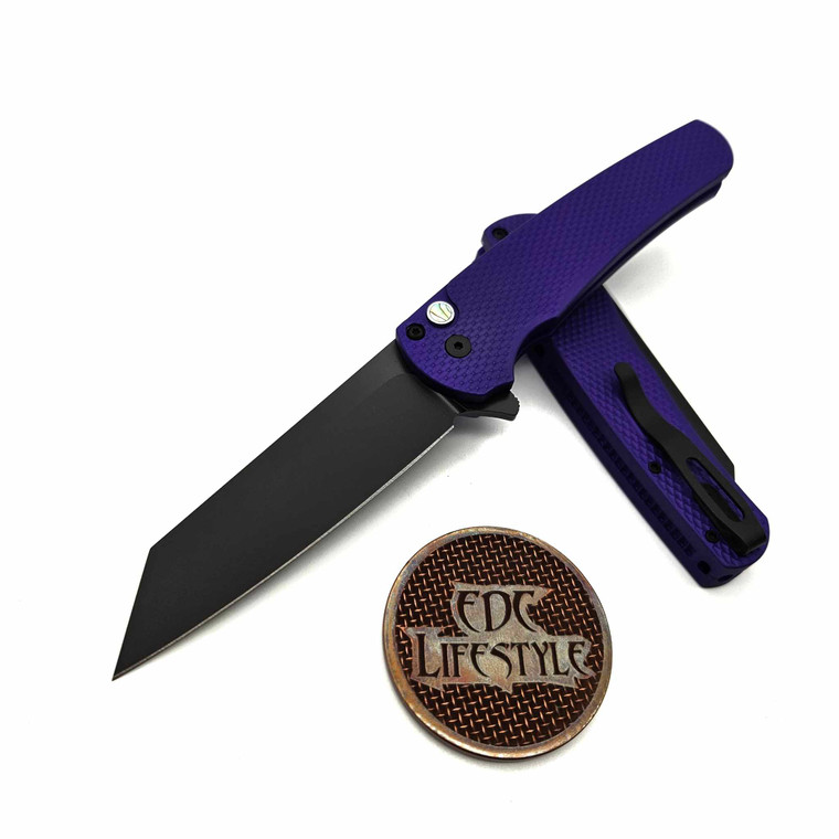 Pro-Tech Knives Malibu CCKS Fall 2023 Limited Purple Textured Handle DLC Black Reverse Tanto 20CV 3.3" Blade Mosaic Abalone Button