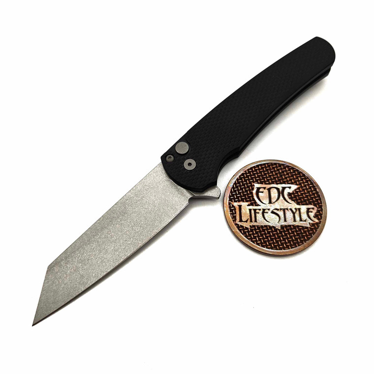 Pro-Tech Knives Malibu Textured Black Handle, Stonewash 20CV Reverse Tanto 3.3" Blade 5205