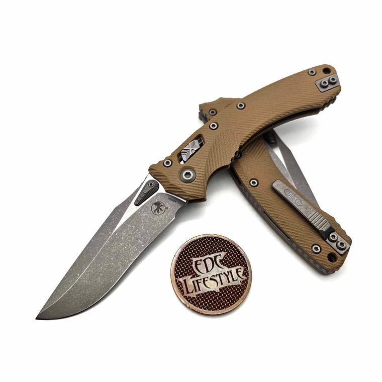 Microtech Amphibian Ram-Lok 137RL-10APFLGTTA Fluted Tan G-10 Apocalyptic Standard