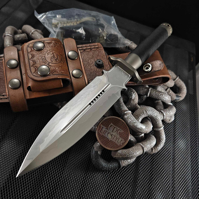 Marfione Custom Interceptor Double Edge Juyo Finish Bronze Double Vapor Blast Titanium Guard, Butt Cap w/Black Micro Cord Wrap Ramos Custom Leather Sheath - PO