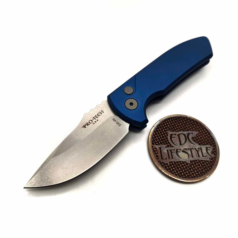 Pro-Tech Knives SBR Short Blade Rockeye Blue Handles, Stonewash Blade S35VN 2.6" Blade, Blasted Hardware LG401-BLUE