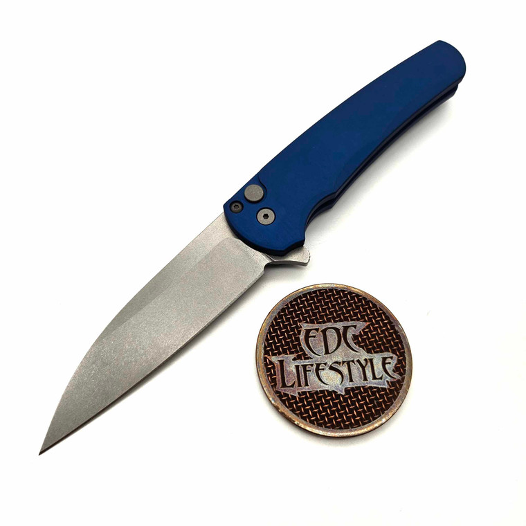 Pro-Tech Knives 5301 Malibu Flipper Solid Blue Handle, Magnacut Stonewash Wharncliffe Blade 3.3"