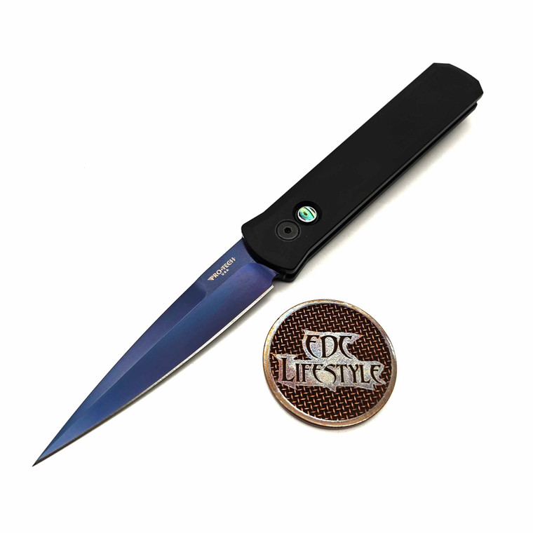 Pro-Tech Knives 921 SB Godfather Italian Inspiration Auto Knife Black Handle, Sapphire Blue  4" Blade, Black Hardware, Abalone Button