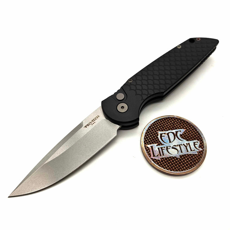 Pro-Tech Knives TR-3 X1 SW Tactical Response 3 Auto Folder Knife Black Fish Scale Handle, Stonewash Clip Point Blade 3.5"