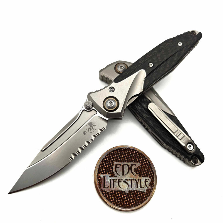 Microtech Socom Bravo Mini Single Edge Titanium Handle Bead Blast Standard Partial Serrated Bronze Ti Pivot Collar Carbon Fiber Scales 260M-8CFTI