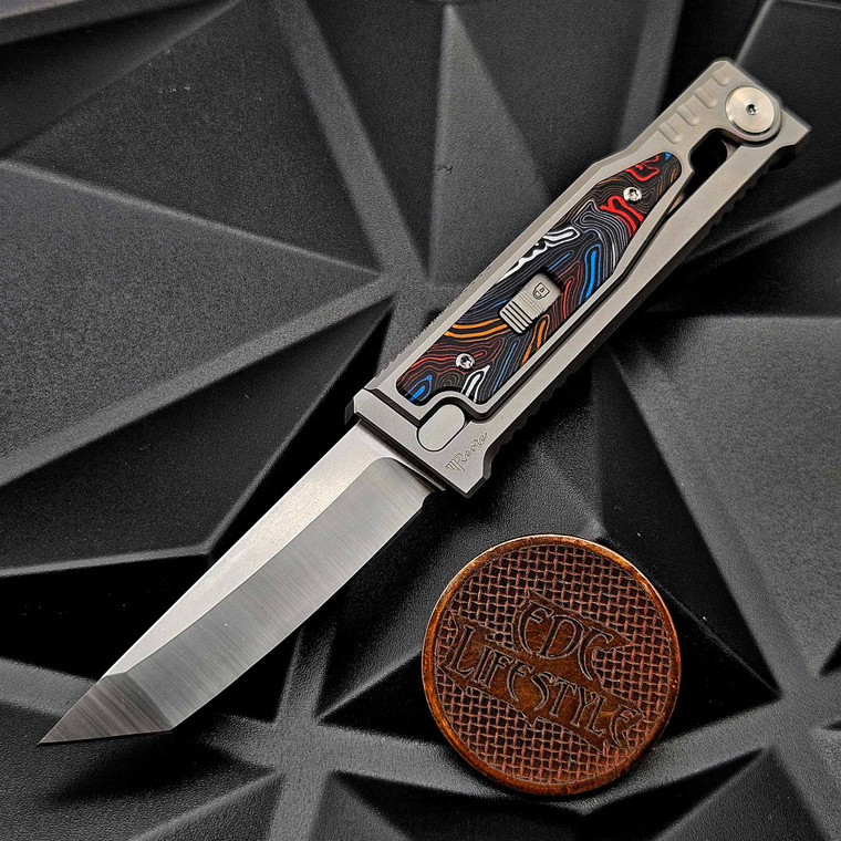 Reate Knives Exo-M Gravity Knife Mult-Color G-10 Damascus Pattern 6AL4V Titanium Bead Blast Handle, ELMAX Satin Tanto 3.125" Blade