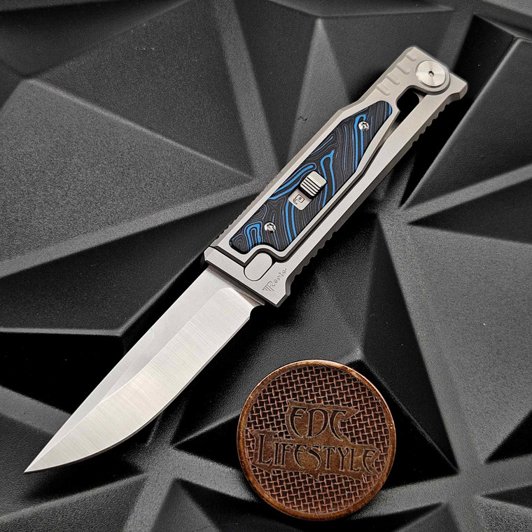 Reate Knives Exo-M Gravity Knife Blue/Black G-10 Damascus Pattern 6AL4V Titanium Bead Blast Handle, ELMAX Satin Single Edge 3.125" Blade