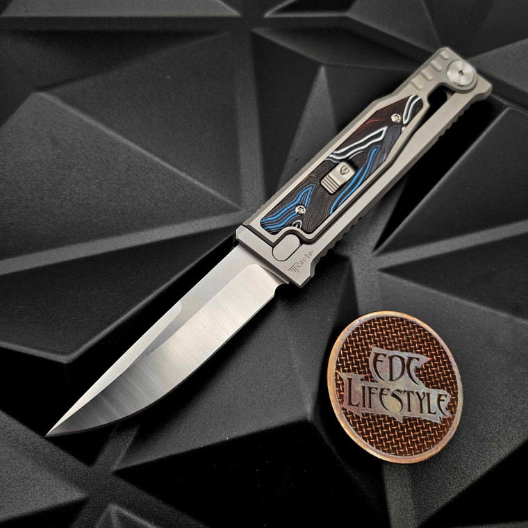 Reate Knives Exo-M Gravity Knife Multicolor G-10 Damascus Pattern 6AL4V Titanium Bead Blast Handle, ELMAX Satin Single Edge 3.125" Blade