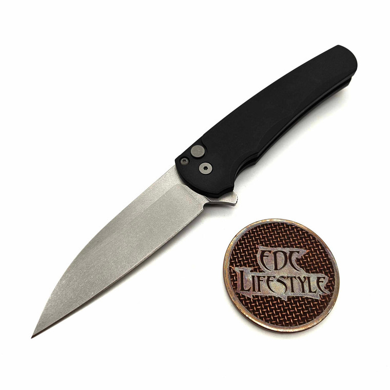 Pro-Tech Knives 5301 Malibu Flipper Solid Black Handle Magnacut Stonewash Wharncliffe Blade 3.3"