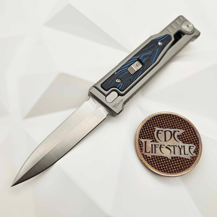 Reate Knives Exo-M Gravity Knife Blue/Black G-10 Damascus Pattern 6AL4V Titanium Bead Blast Handle, ELMAX Satin Double Edge 3.125" Blade