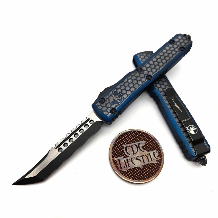 Microtech Ultratech 119-1HXWBLS Hex Pattern Weathered Blue Hellhound Tanto Distressed Black