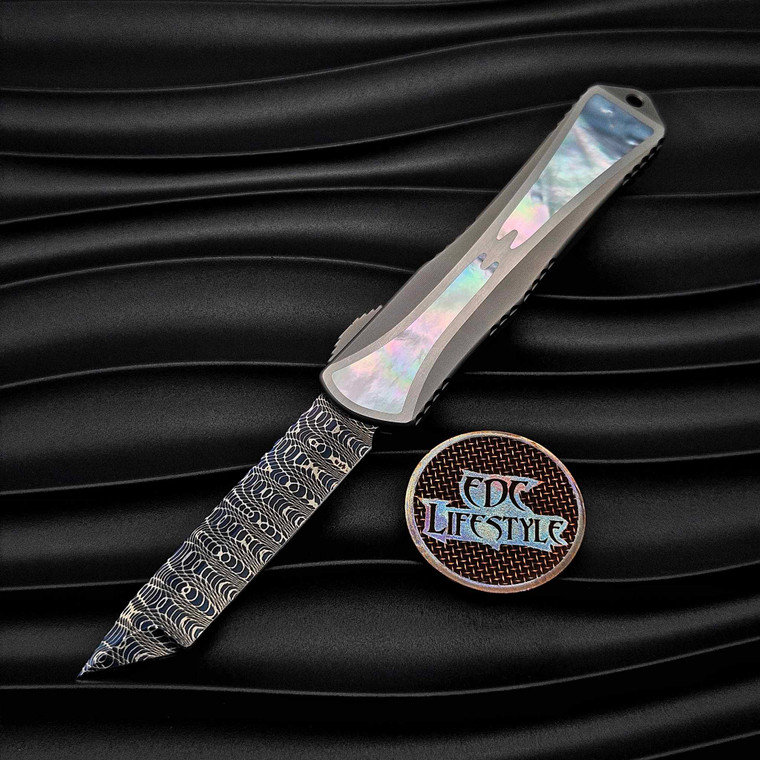 Heretic Custom Knives Manticore X Tanto Vegas Forge Blued Damascus Stainless Steel Handle w/Mother of Pearl Inlays & Inlaid Button  - Preowned