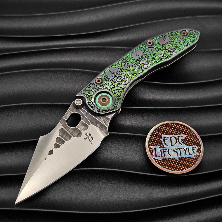 Borka Blades/Ti2 Design Stitch 2024 Green Skulls Titanium Handle Belt Satin Rock Grind Blade