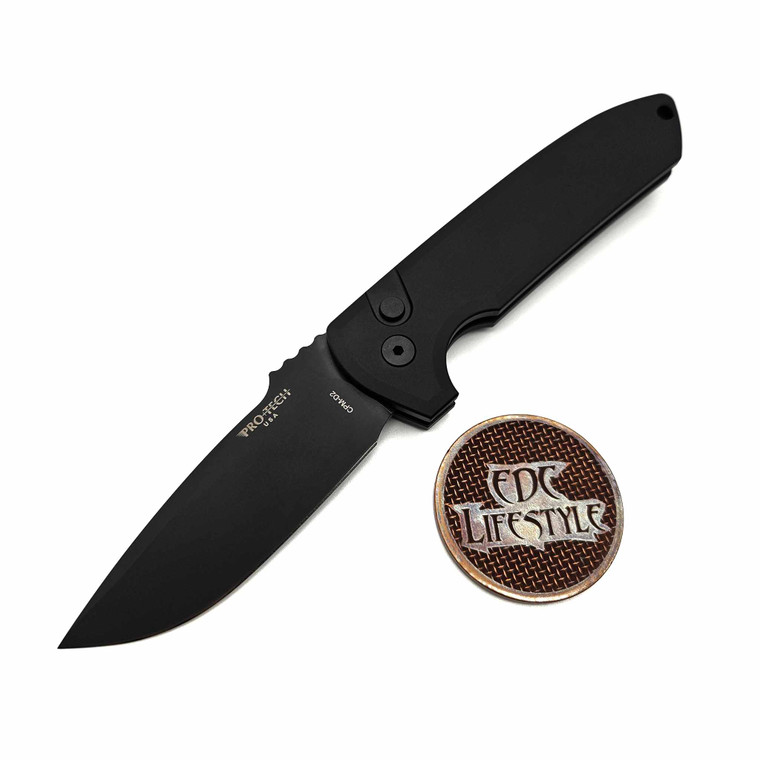 Pro-Tech Knives Rockeye Auto Solid Black Handle, DLC Black CPM-D2 Blade, Plain Edge 3.4" Blade LG303-D2