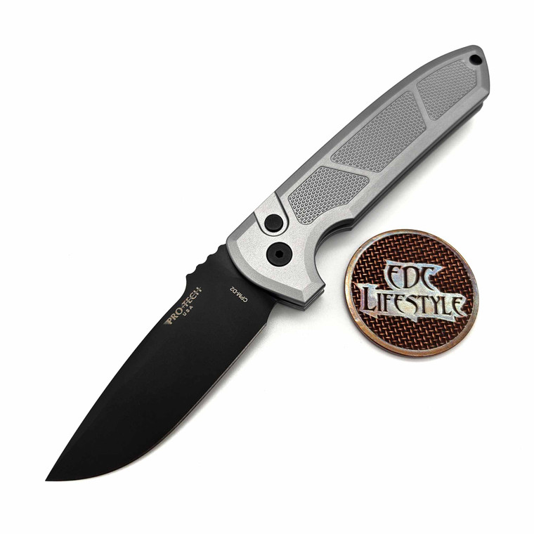 Pro-Tech Knives Rockeye Auto Textured Grey Handle w/Knurling, DLC Black CPM-D2 Blade, Plain Edge 3.4" Blade LG307-Grey