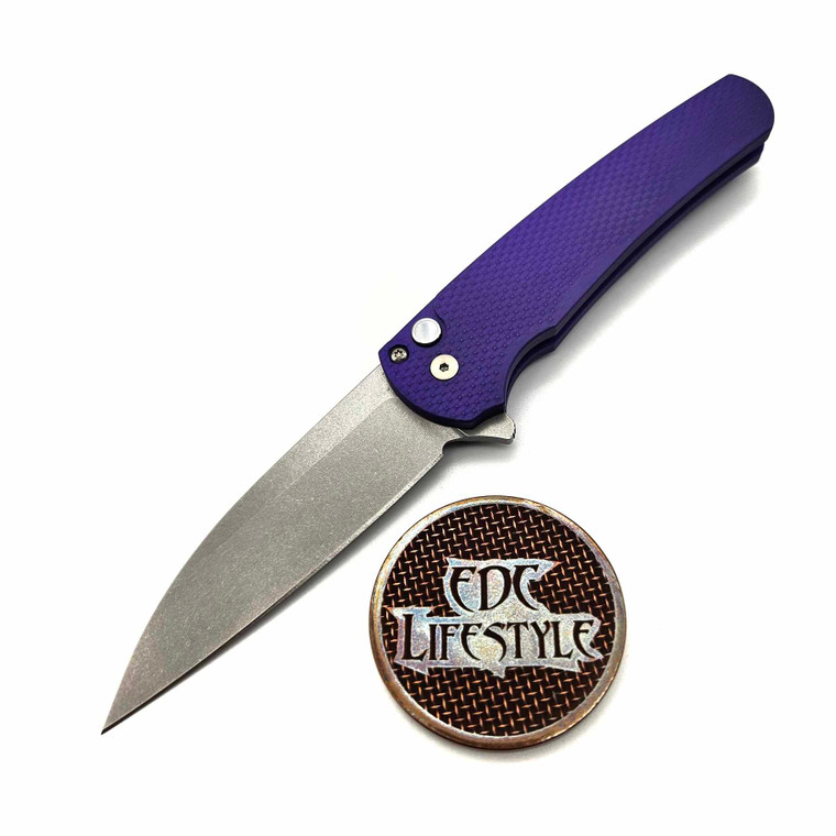 Pro-Tech Knives Malibu Flipper Blade Show Texas 2024 Purple Textured Handle, Mother of Pearl Button, Stonewash 3.3" Magnacut