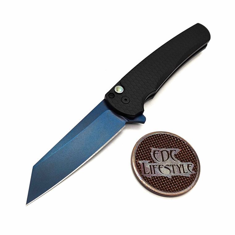 Pro-Tech Knives Malibu Custom Limited Flipper Black Handle with "dragon scale" texture, Abalone Button, Sapphire Blue 3.3" 20CV Reverse Tanto Blade 5236-SB