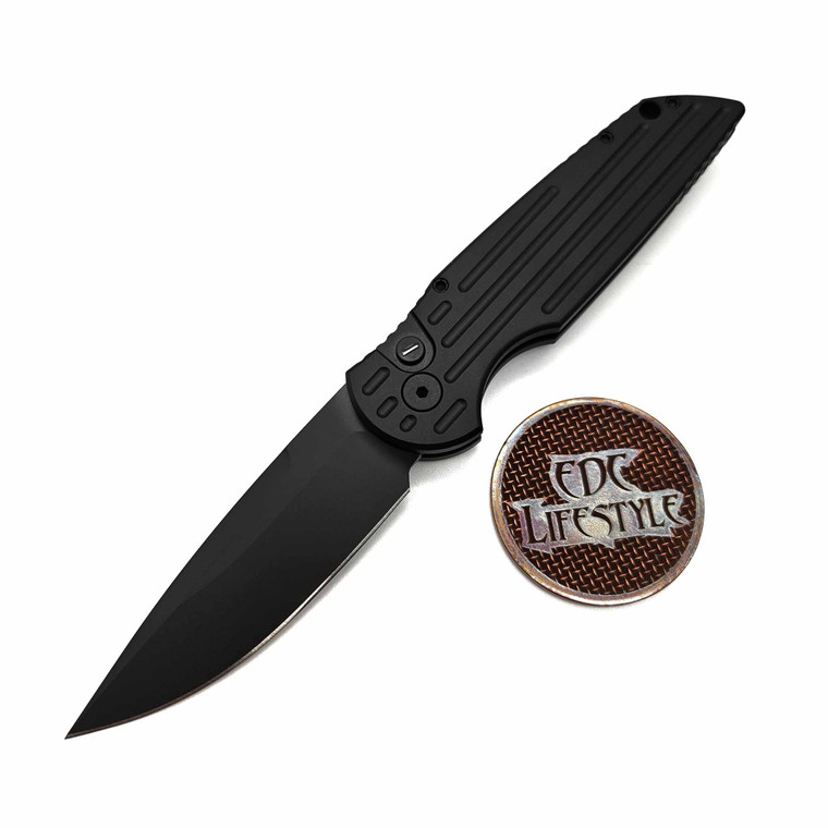 Pro-Tech Knives TR-3 Swat Operator Tactical Response 3 Auto Folder Knife Black Handle w/Grooves, Black Clip Point Blade 3.5", Tritium Push Button, Black HW