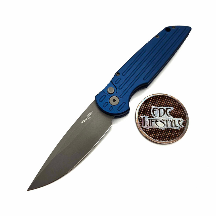 Pro-Tech Knives TR-3 Blue Tactical Response Auto Knife Dark Blue Handle w/Grooves, Blasted Blade 3.5"